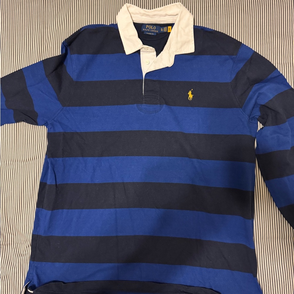 Ralph Lauren Men's Blue and Navy Striped Polo Shirt